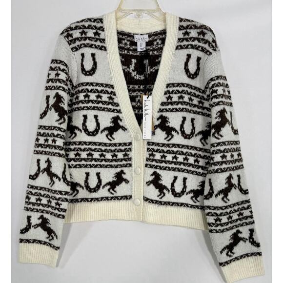 Women’s Aztec Ivory Brown Horse Print Knit Western Cardigan Sweater Sz M - Picture 1 of 12